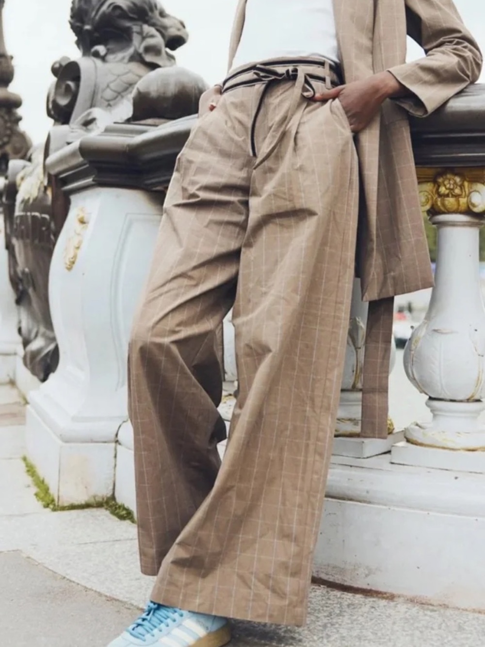 Eddy Willow Pant Coco Check Baby Blue Pinstripe Wide Leg Brown Medium NWT - Picture 2 of 10